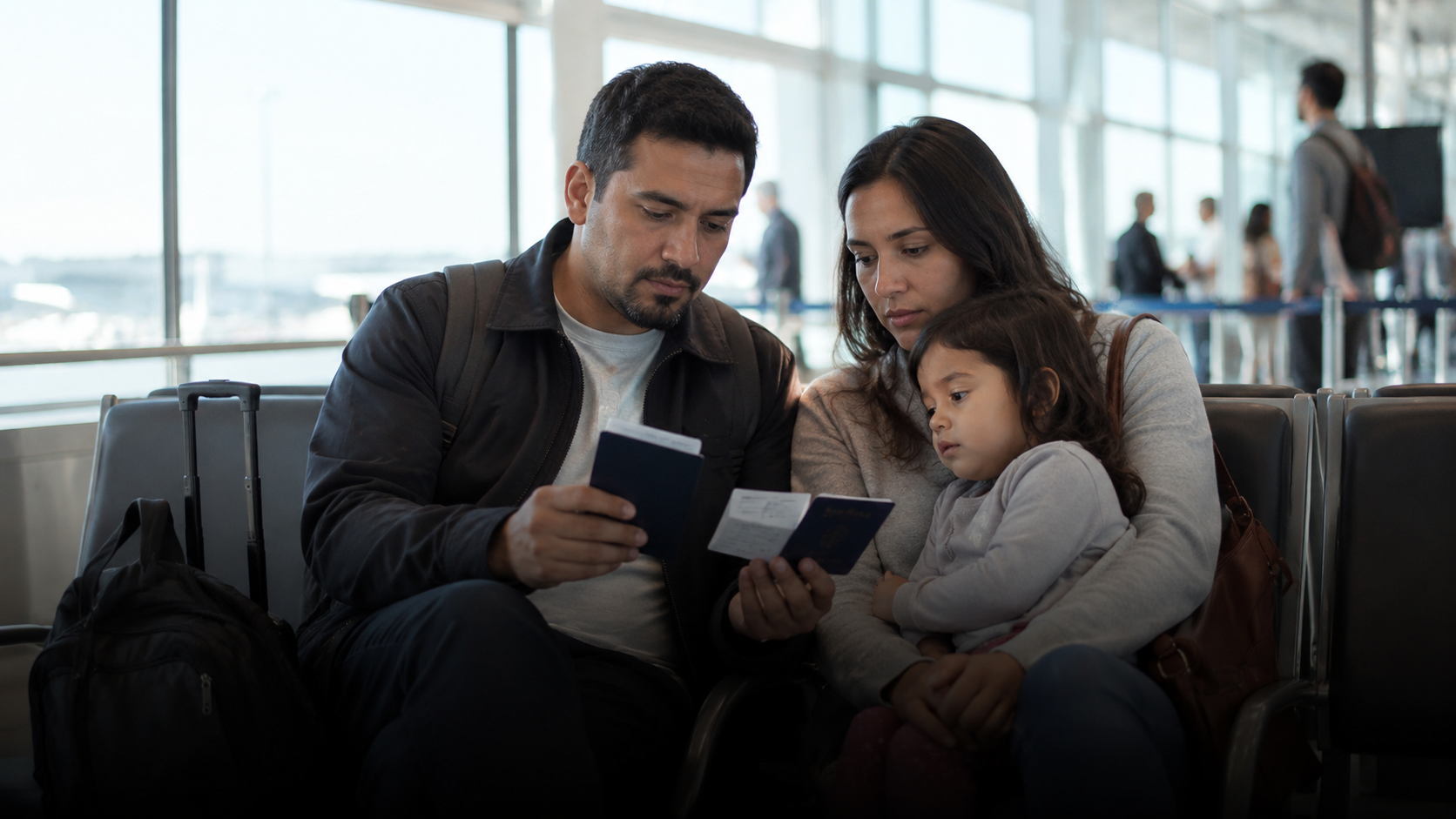 Cena realista de pessoas em contexto de imigração americana em aeroporto, representando dúvidas e estratégias migratórias nos Estados Unidos