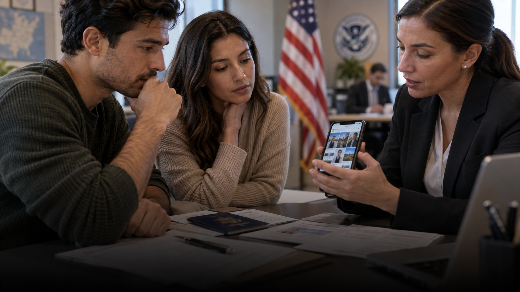 Solicitante de visto americano utilizando redes sociais antes de entrevista consular nos Estados Unidos