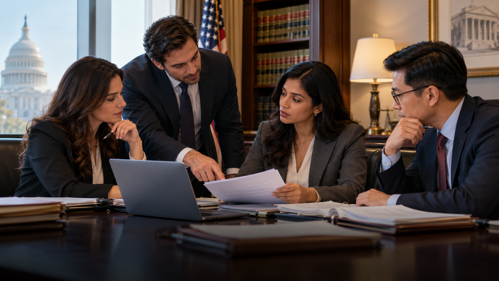 Advogados analisando documentos e definindo estratégia jurídica para processo de imigração aos Estados Unidos