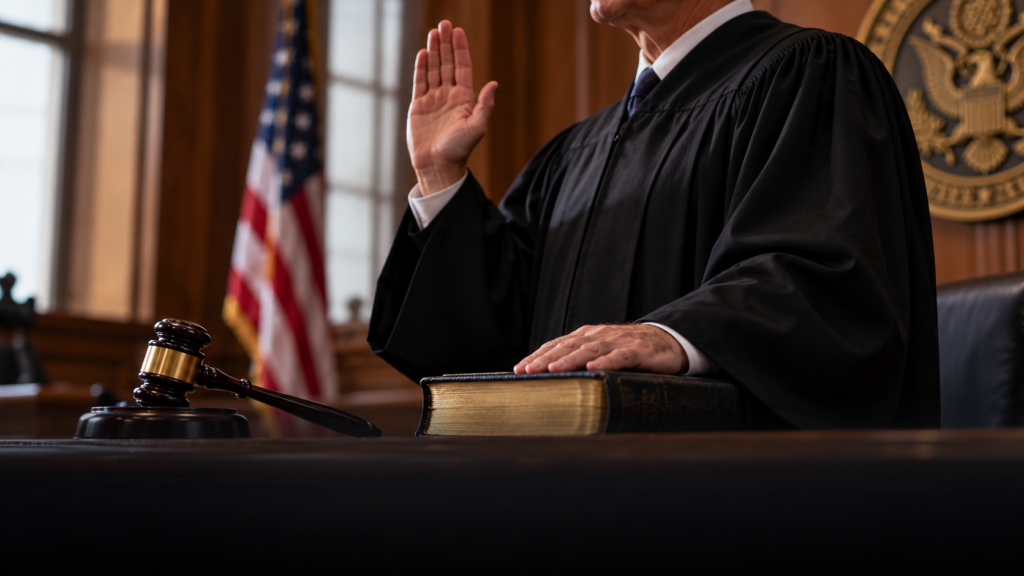 Tribunal americano representando debate sobre ética judicial, fiscalização do ICE e independência dos tribunais de imigração